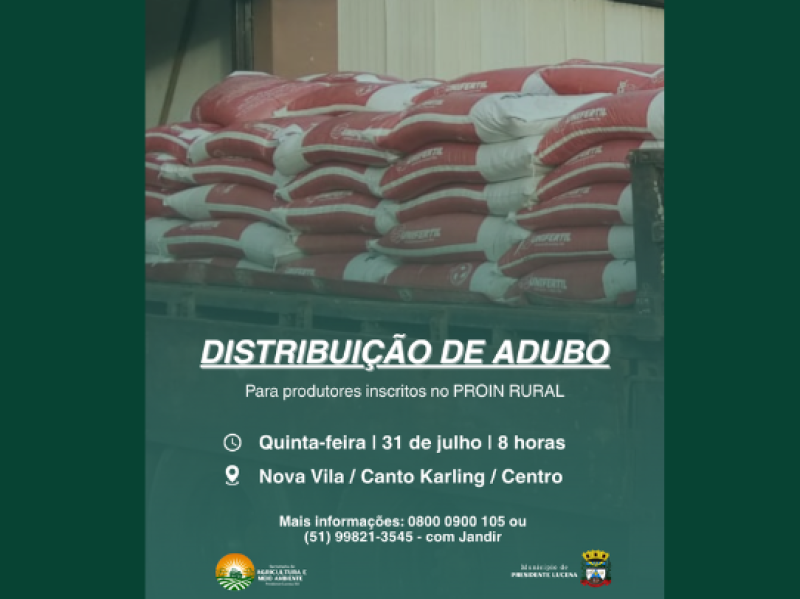 Foto de capa da notícia: Distribuição de Adubo Ocorrerá nas Localidades de Nova Vila, Canto Karling e Centro ✅