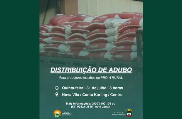 Foto de capa da notícia: Distribuição de Adubo Ocorrerá nas Localidades de Nova Vila, Canto Karling e Centro ✅