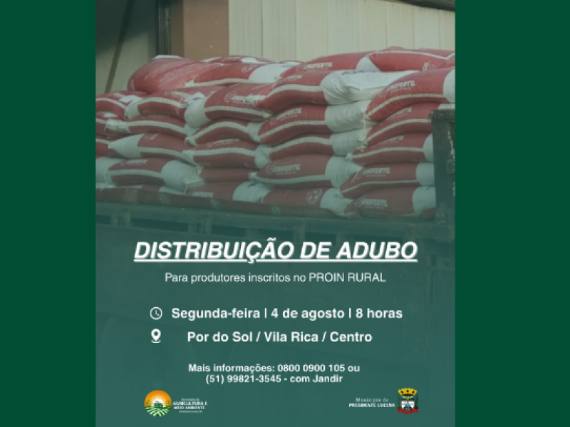 Foto de capa da notícia: Distribuição de Adubo Ocorrerá nas Localidades de Por do Sol, Vila Rica e Centro ✅