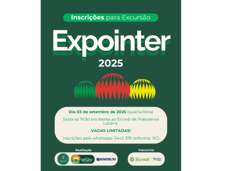 Foto de capa da notícia: Inscrições abertas para excursão para a Expointer 2025 🚌🤝