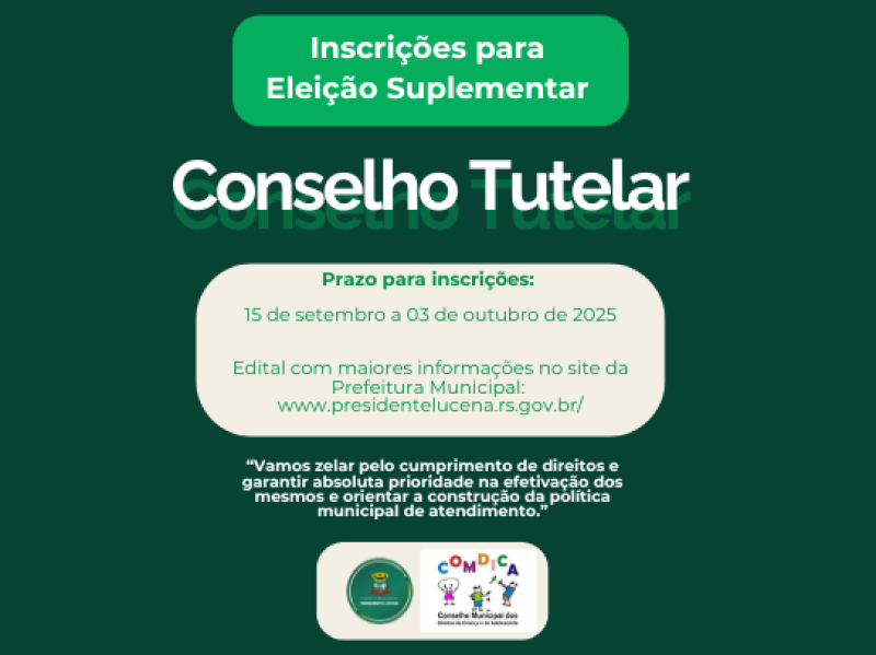 Foto de capa da notícia: INSCRIÇÕES PARA ELEIÇÃO SUPLEMENTAR DO CONSELHO TUTELAR 🤝