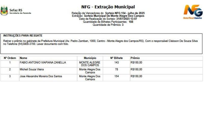 Foto da Notícia Ganhadores Nota Fiscal Gaúcha - Julho/2025