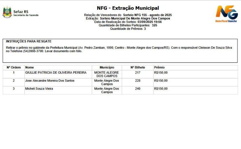 Foto de capa da notícia: Ganhadores Nota Fiscal Gaúcha - Agosto/2025