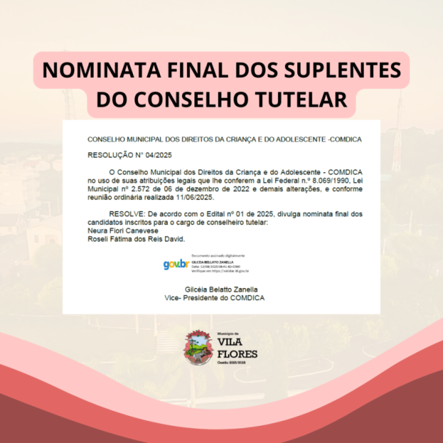 Foto de capa da notícia: COMDICA DIVULGA NOMINATA FINAL DOS SUPLENTES DO CONSELHO TUTELAR