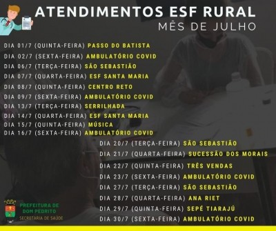 Foto de capa da notícia CONFIRA A AGENDA DE JULHO DA ESF RURAL