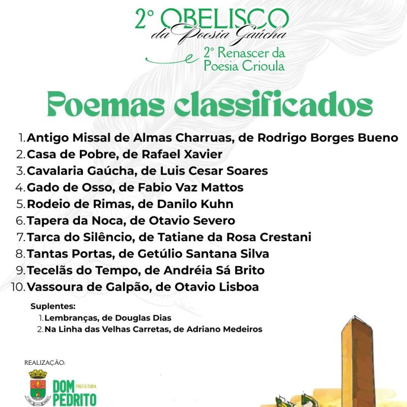 Foto de capa da notícia: POEMAS CLASSIFICADOS PARA O 2º OBELISCO DA POESIA GAÚCHA