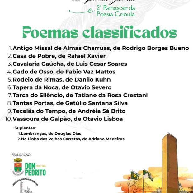 Foto de capa da notícia: POEMAS CLASSIFICADOS PARA O 2º OBELISCO DA POESIA GAÚCHA