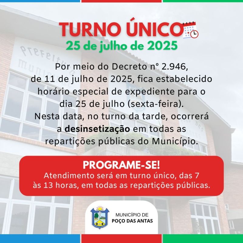 Foto da Notícia Horário especial de expediente nas repartições públicas em 25 de julho
