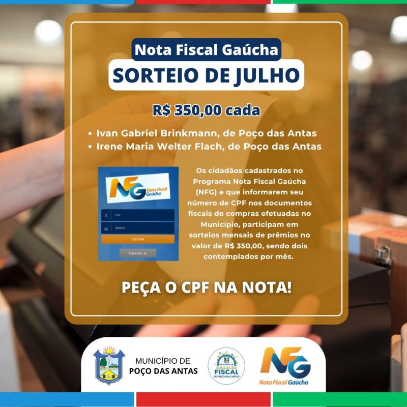 Foto de capa da notícia: Nota Fiscal Gaúcha premia dois poçoantenses no sorteio de julho