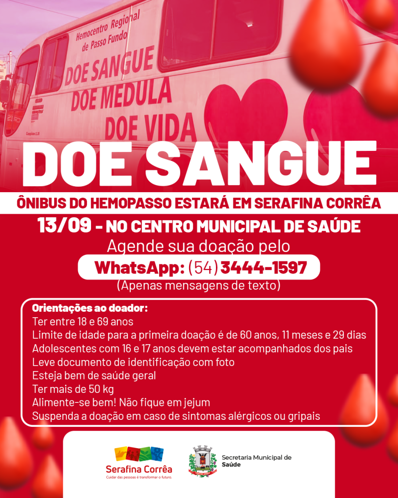 Campanha de Doação de Sangue chega a Serafina Corrêa no dia 13 de setembro