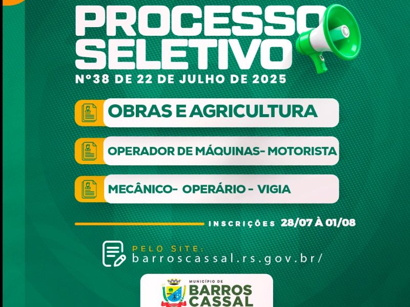 Foto de capa EDITAL Nº 38/2025 – PROCESSO SELETIVO SIMPLIFICADO Nº 006/2025 SECRETARIA DE OBRAS E AGRICULTURA.