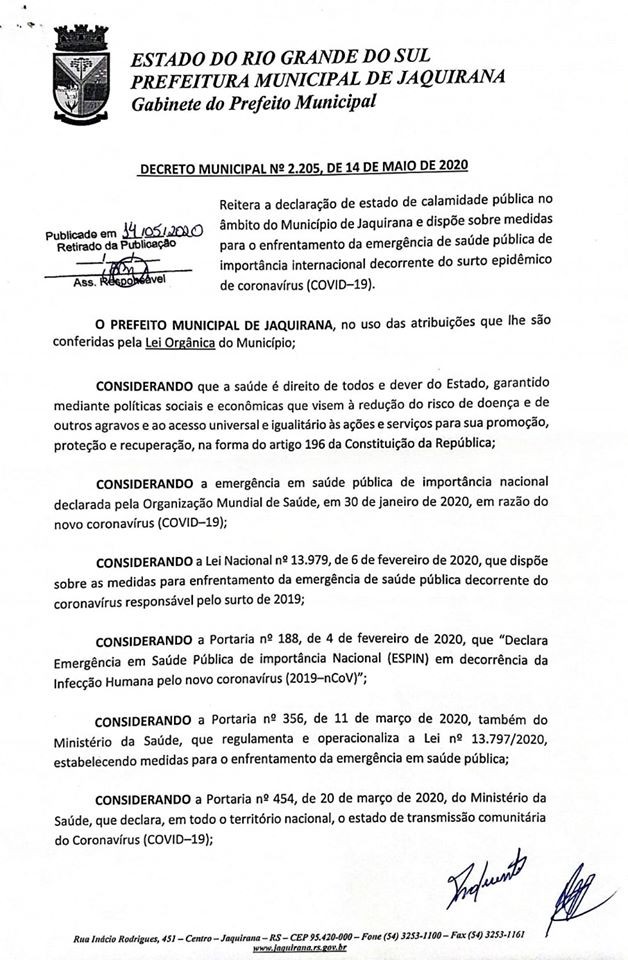 Foto de capa DECRETO MUNICIPAL N° 2.205, DE 14 DE MAIO DE 2020