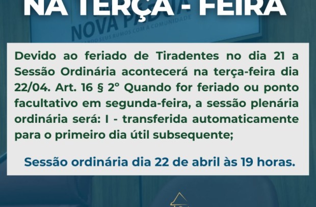 Foto de capa da notícia: Sessão ordinária no dia 22 de abril às 19 horas.