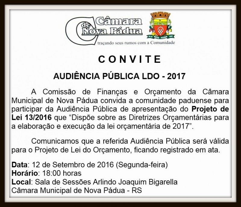 Foto de capa da notícia CONVITE - AUDIÊNCIA PÚBLICA LDO 2017