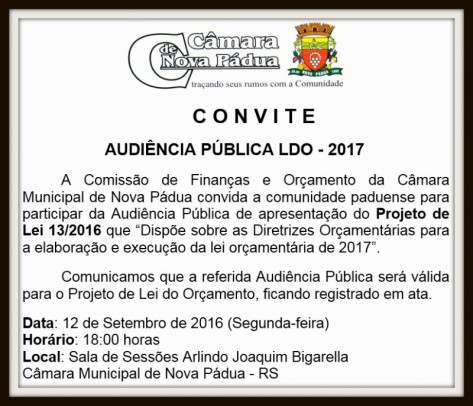 Foto de capa da notícia: CONVITE - AUDIÊNCIA PÚBLICA LDO 2017