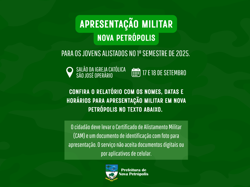Foto de capa da notícia: Jovens alistados podem consultar data e horário para apresentação militar em Nova Petrópolis