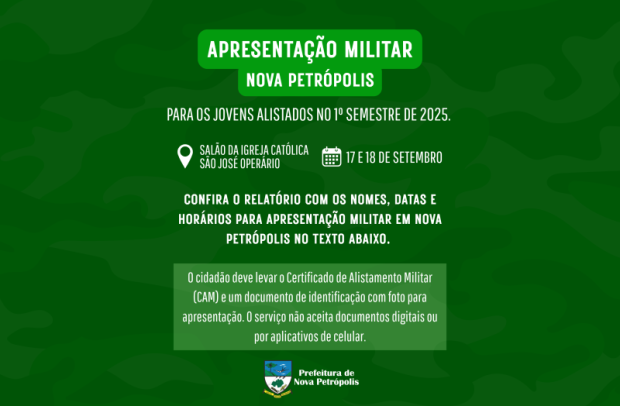 Foto de capa da notícia: Jovens alistados podem consultar data e horário para apresentação militar em Nova Petrópolis