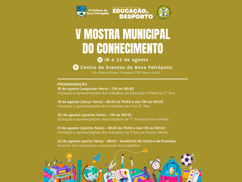 Foto de capa da notícia: Nova Petrópolis realiza V Mostra Municipal do Conhecimento de 18 a 22 de agosto