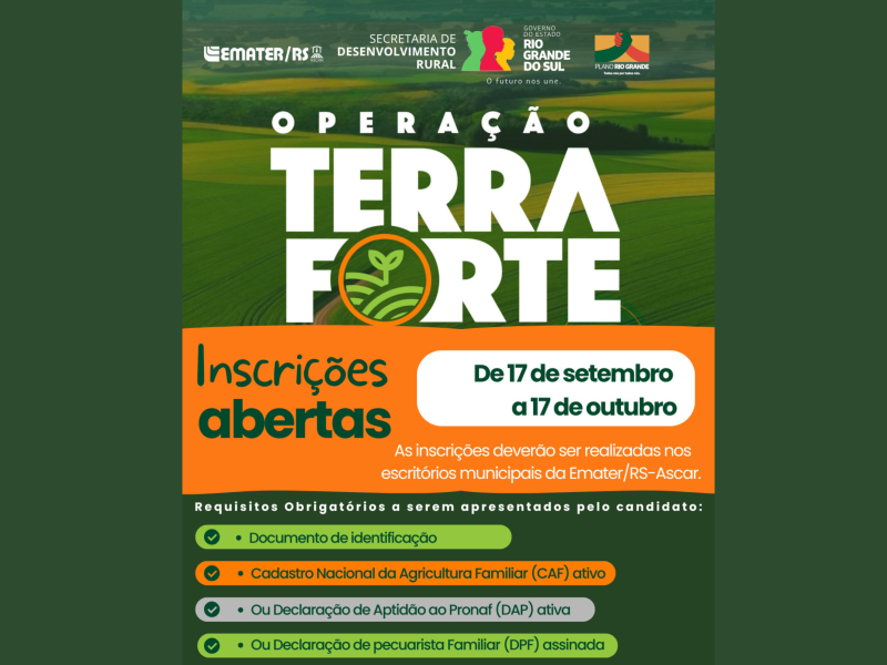 Foto de capa da notícia: Estão abertas as inscrições para o Programa Operação Terra Forte