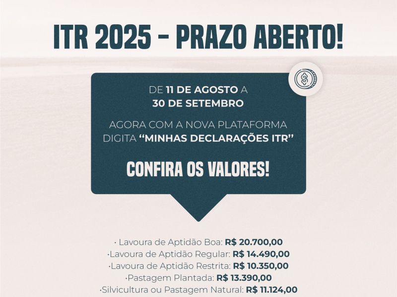 Foto de capa da notícia: Prefeitura divulga valores da terra nua para declaração do ITR 2025