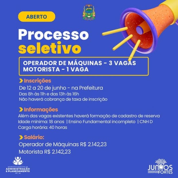 Foto de capa da notícia: Prefeitura abre processo seletivo para Operador de Máquinas e Motorista